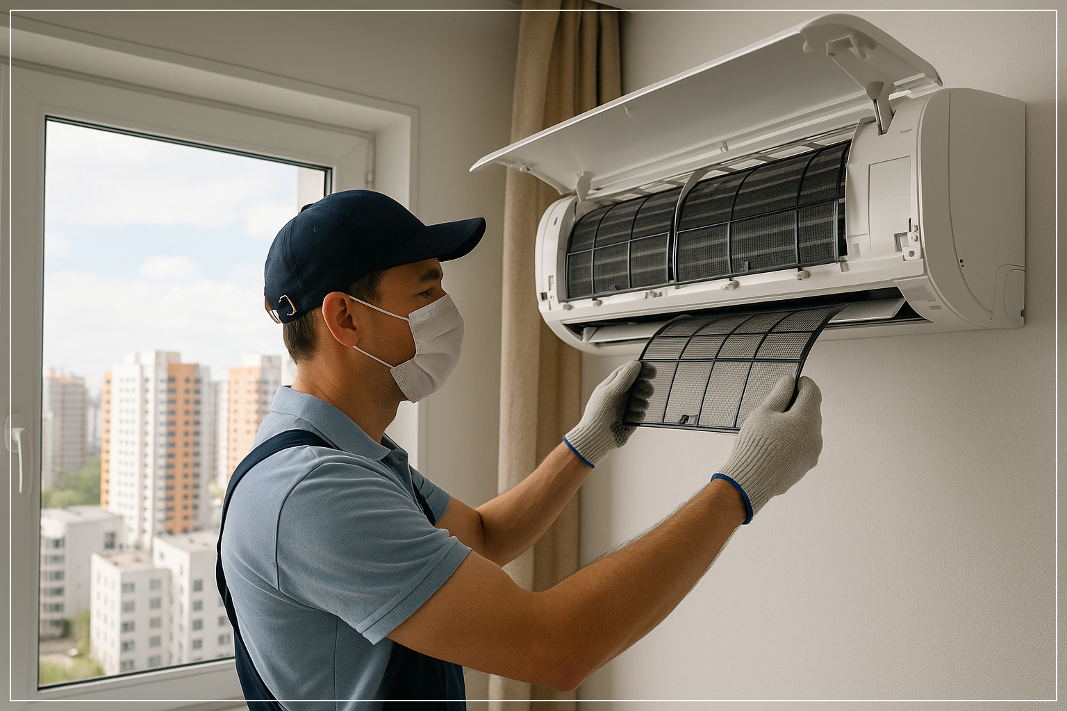 전주시 고층 아파트 실내에서 벽걸이형 에어컨 필터를 세척 중인 전문가의 모습입니다. 밝은 채광과 도시 배경이 어우러진 청소 장면.