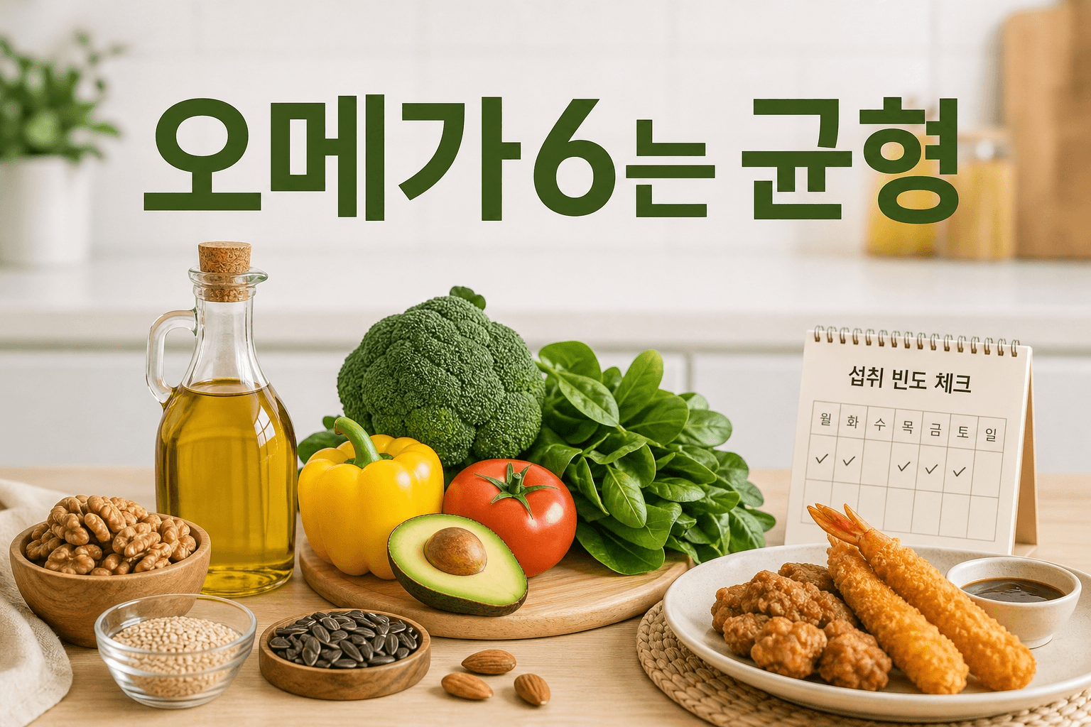 오메가6를 무조건 피하기보다 조리유와 가공식품 빈도를 점검하는 식단 균형 이미지