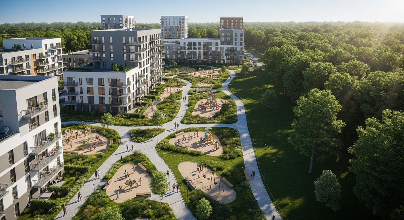 대규모 공원 옆에 위치한 쾌적하고 현대적인 신축 아파트 단지의 전경.