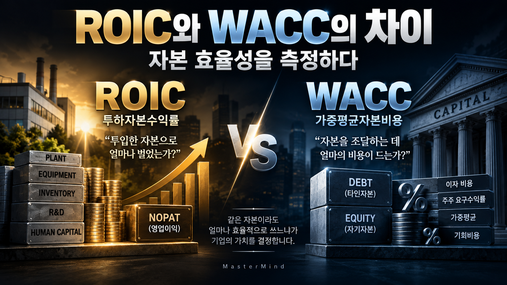 Comparison of ROIC and WACC showing return on invested capital versus weighted average cost of capital.