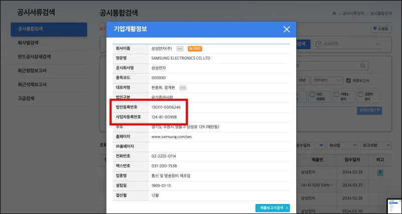 금융감독원 전자공시 시스템 법인사업자등록번호 조회 결과