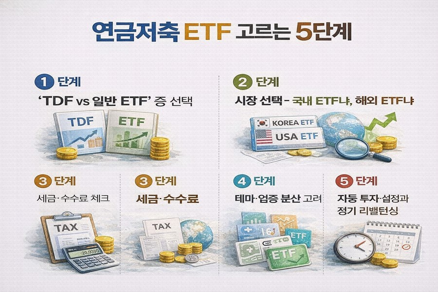 연금저축 ETF를 선택할 때 TDF와 일반 ETF 비교, 국내·해외 시장 선택, 세금·수수료 확인, 테마 분산, 자동 투자와 정기 리밸런싱까지 5단계 전략을 정리한 인포그래픽입니다.