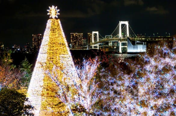 조명으로 장신된 나무와 트리모양의 탑