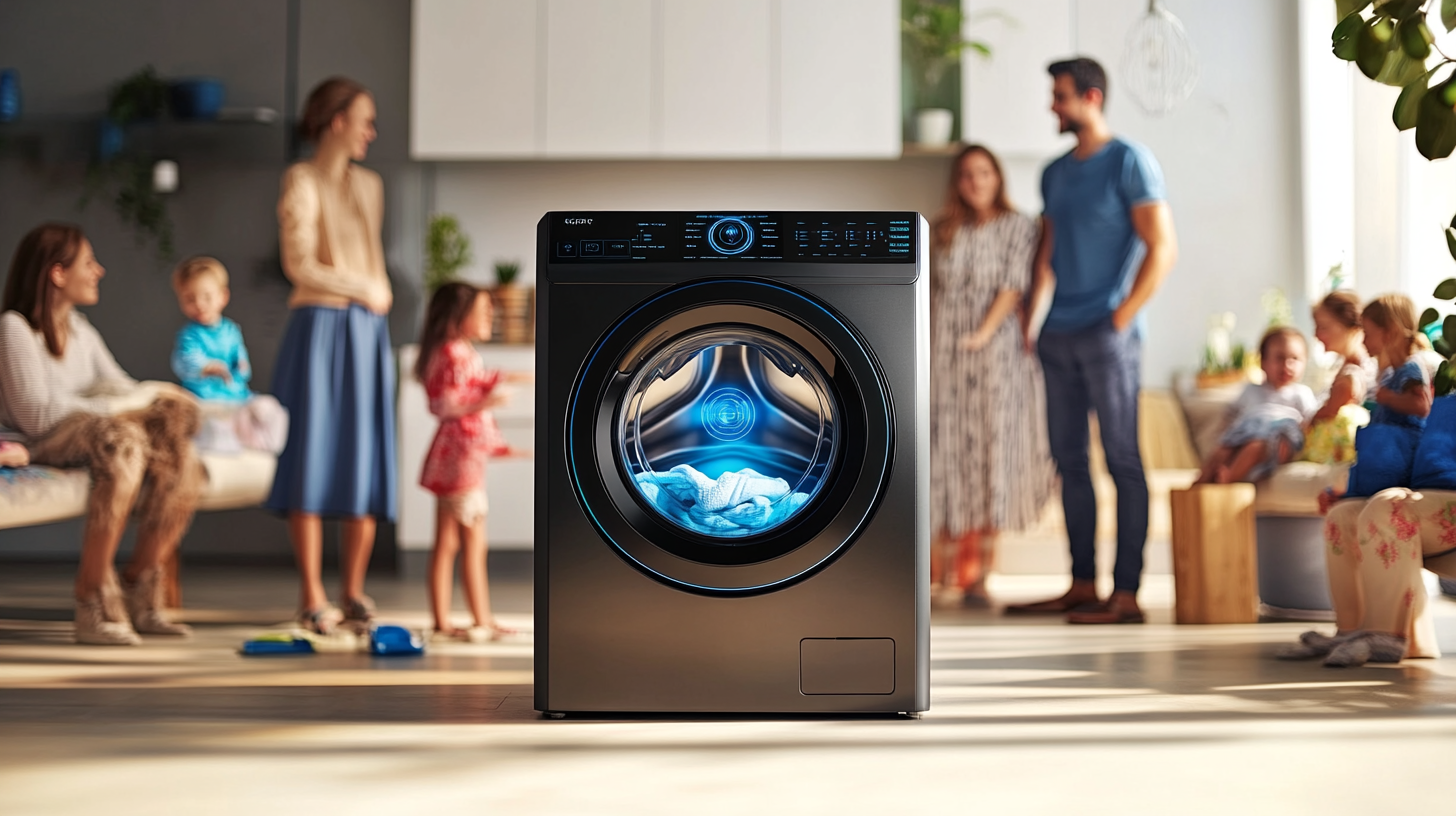 대가족 환경에 배치된 하이테크 세탁기로, AI 기능이 탑재된 미래지향적인 디자인의 세탁기가 고급스러움과 신기술을 강조한 모습