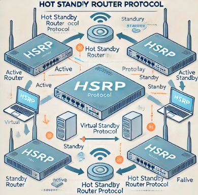 HSRP(Hot Standby Router Protocol)의 작동 원리를 설명하는 이미지