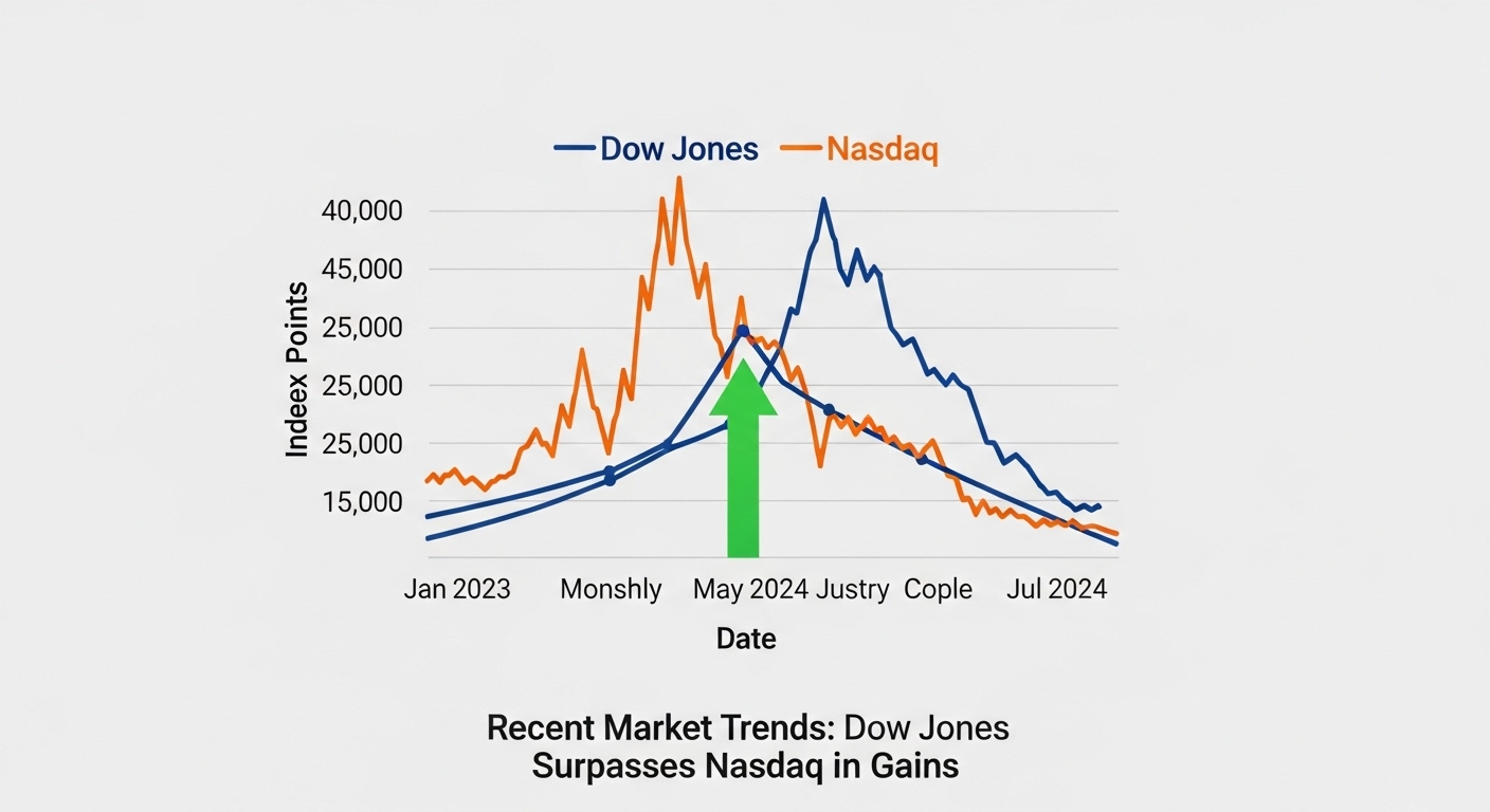 다우존스(가치주 상징), 나스닥(기술주 상징) 차트가 교차하는 모습. 다우존스가 나스닥보다 더 높이 솟아오르는 다이어그램]