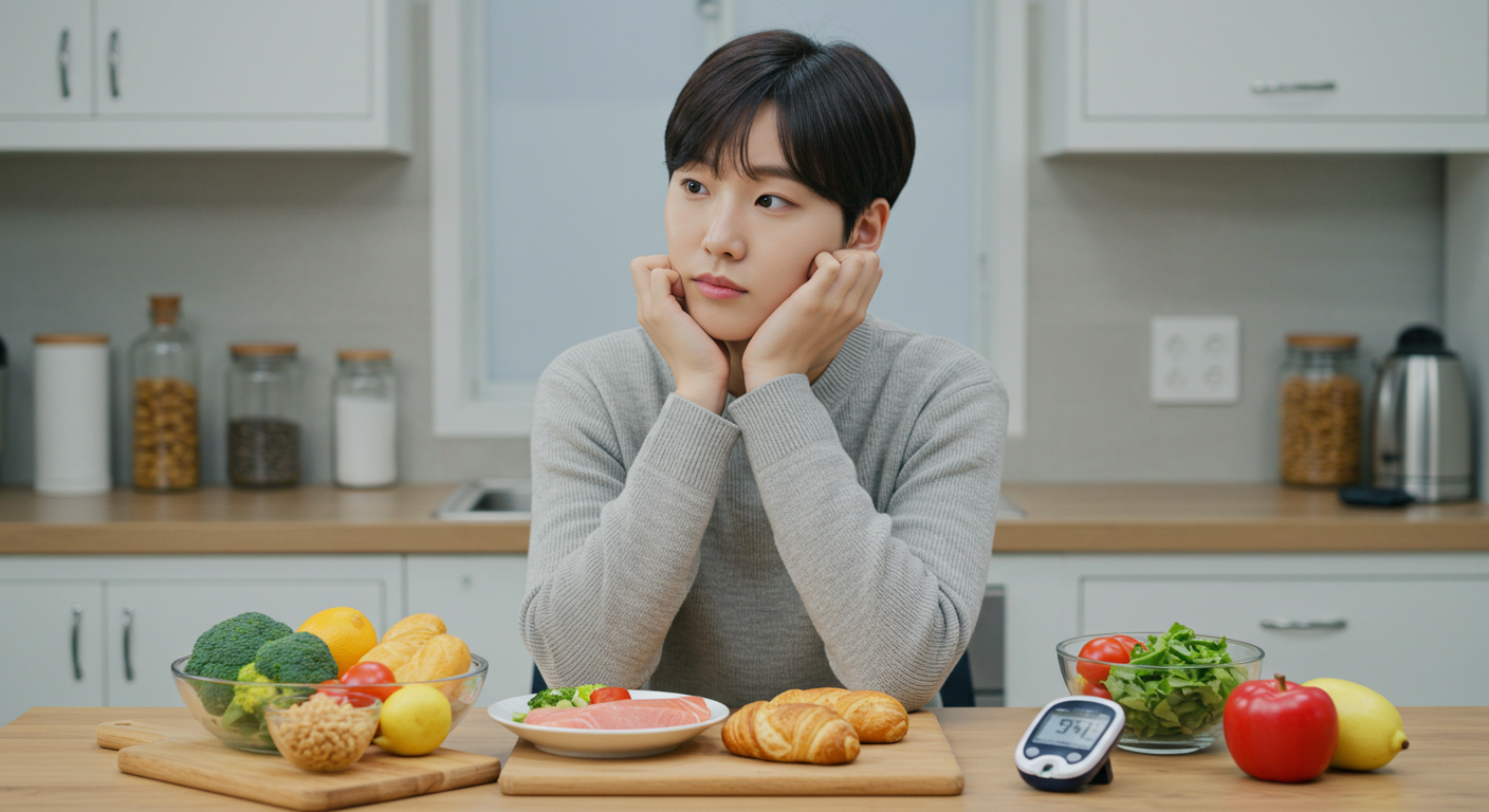 균형 잡힌 식단과 혈당 측정기를 바라보며 간헐적 단식을 고민하는 한국인 당뇨 환자