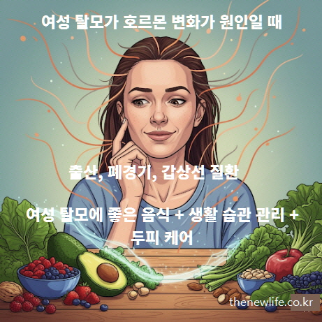 출산, 폐경기, 갑상선 질환 등 호르몬 변화로 인한 여성 탈모 원인과 관리 방법을 설명하는 이미지