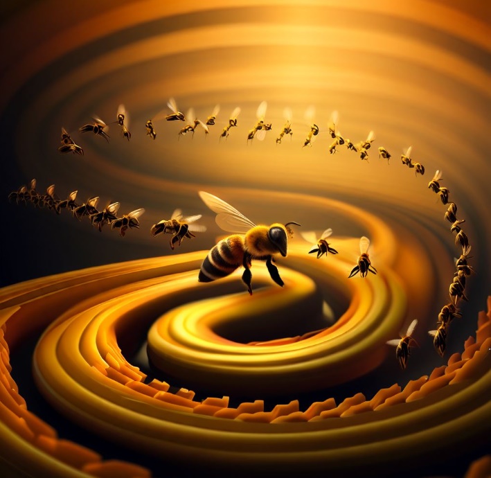 원형의 춤을 추면서 지그재그 모양을 취하는 벌들(made by Bing)