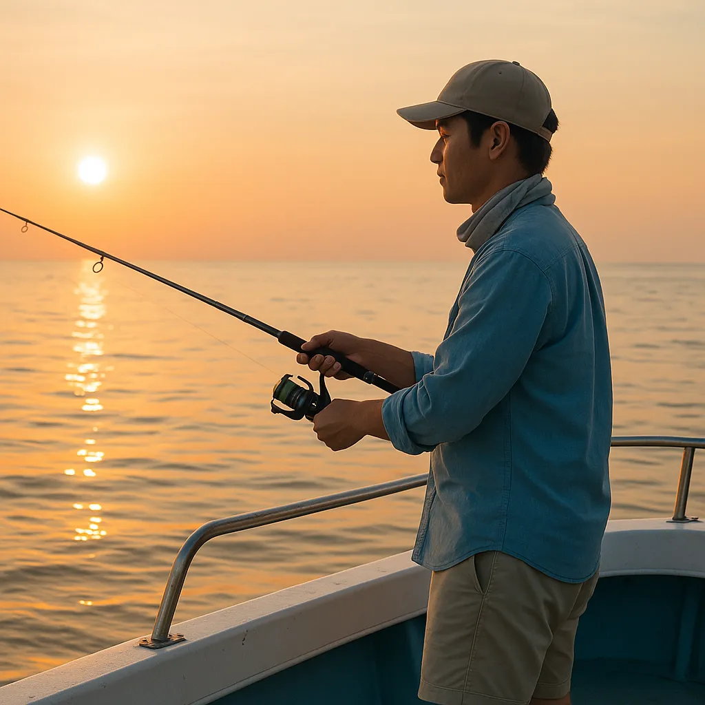 일출 시간 보트에서 낚시하는 남성