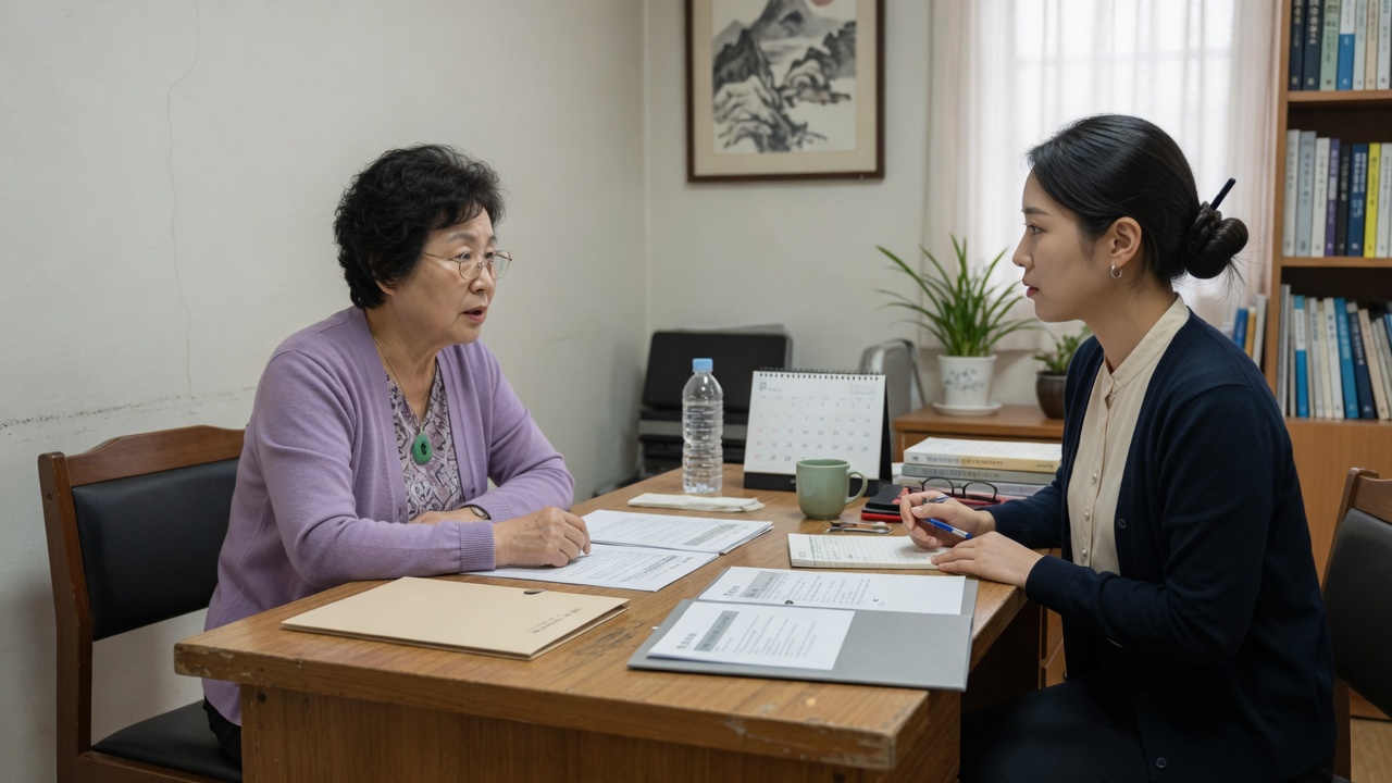 상담 창구에서 이야기하는 사람