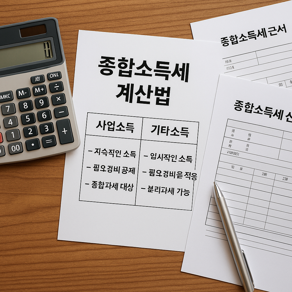 나무 책상 위에 사업소득·기타소득 계산표, 종합소득세 안내 문서, 계산기, 안경이 놓여 있고 손가락으로 계산기를 눌러 세금을 계산하는 장면.