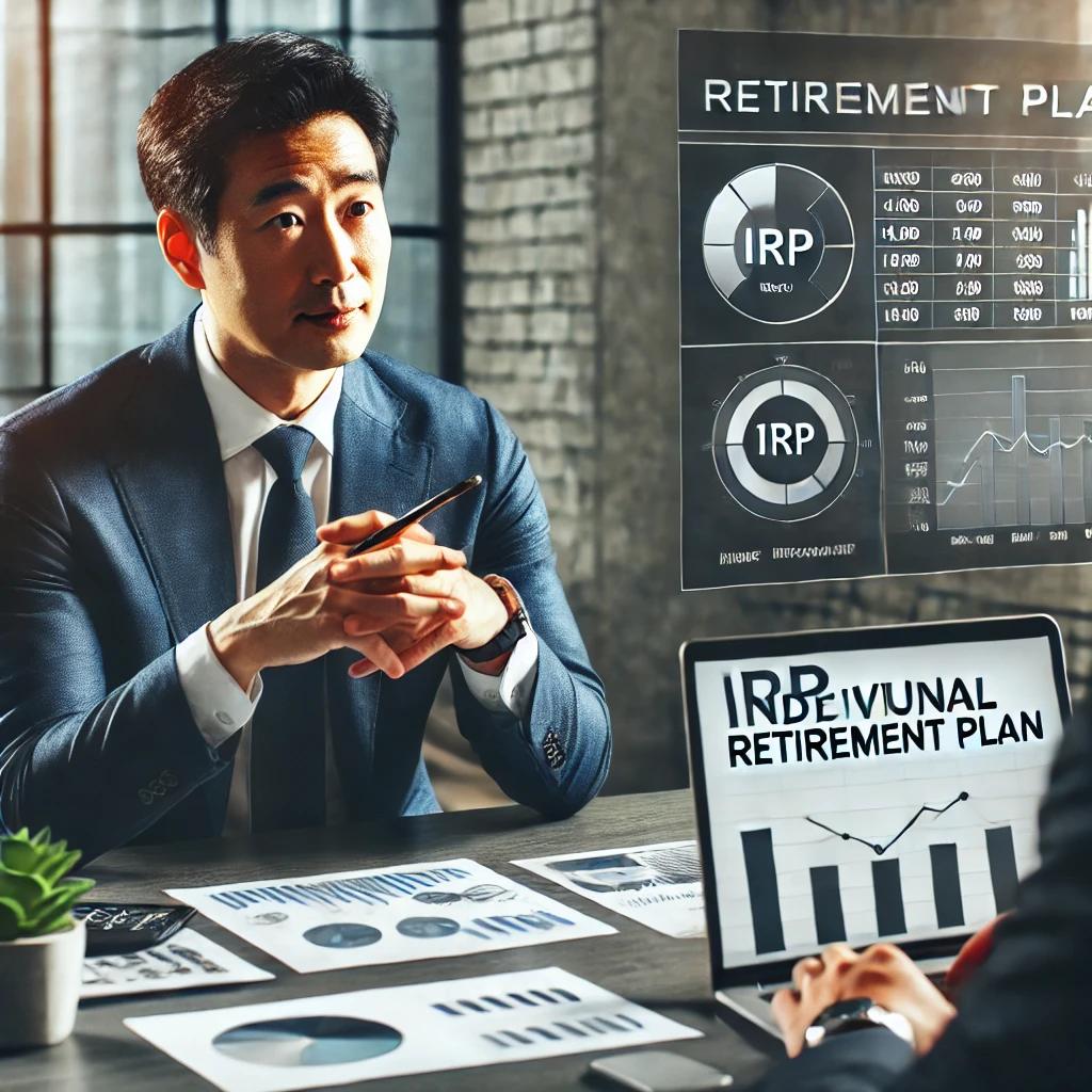 남성이 현대적인 사무실에서 금융 상담사와 개인형 퇴직연금(IRP)에 대해 논의하는 모습