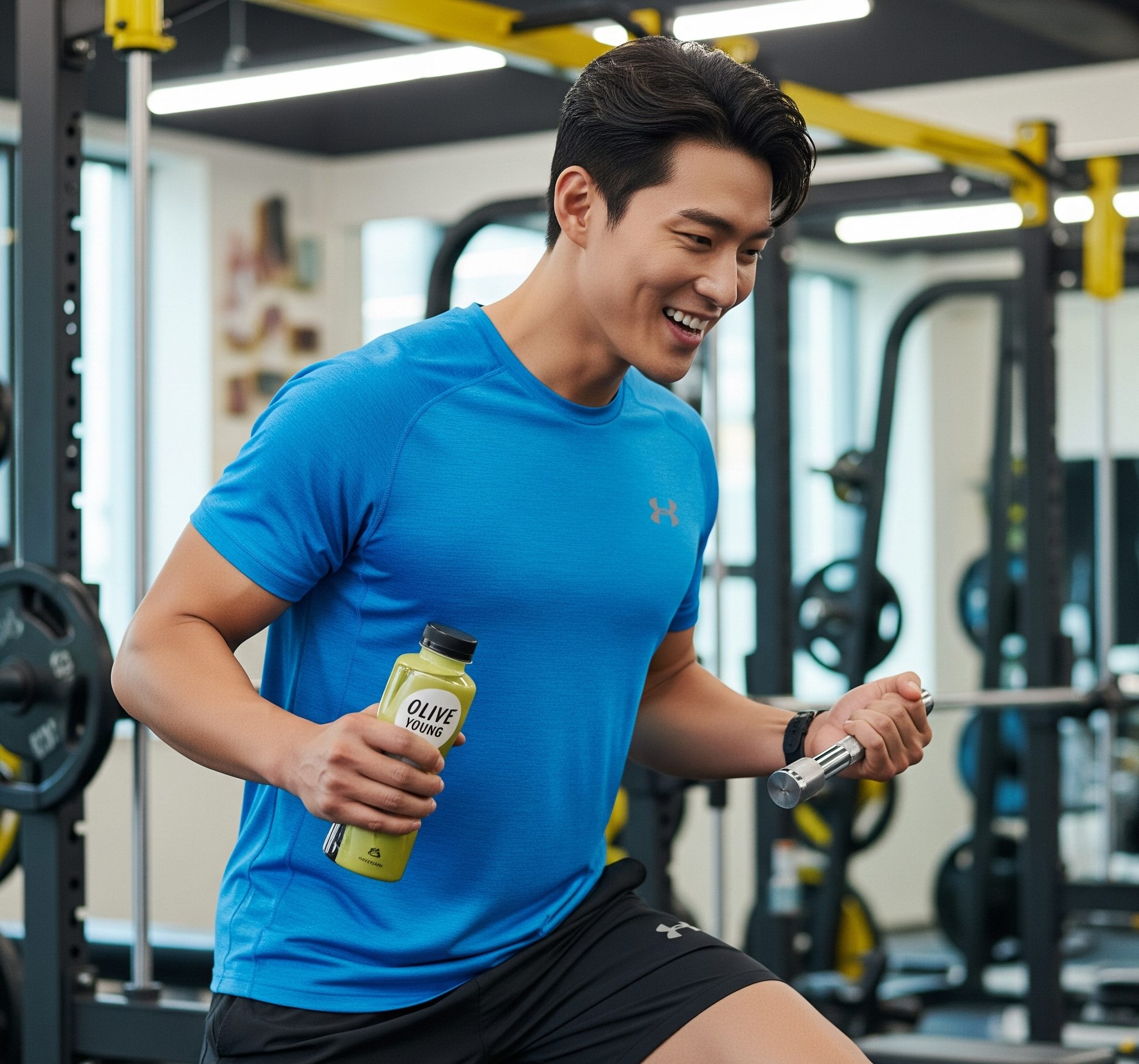 한국인 남성이 보틀을 들고 헬스장에서 운동하는 모습