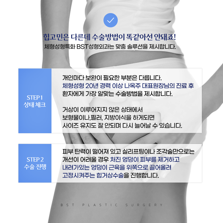 개인마다 보완이 필요한 부분은 다릅니다. 체형성형 20년 경력 이상 나옥주 대표원장님의 진료 후 환자에게 가장 알맞은 수술방법을 제시합니다. 
거상이 이루어지지 않은 상태에서 보형물이나 필러, 지방이식을 하게 되면 사이즈 유지도 잘 안되며 다시 늘어날 수 있습니다.