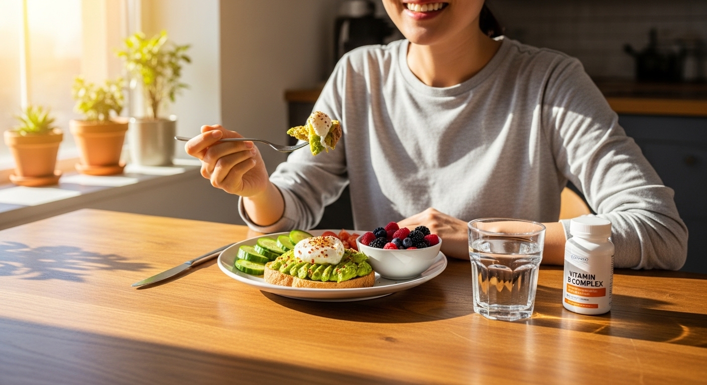 아침 식사와 함께 비타민B 영양제를 챙기는 모습