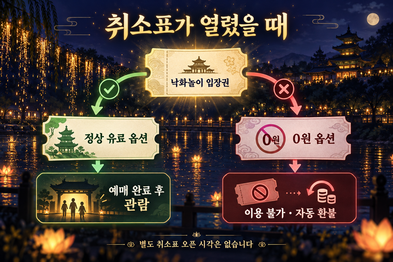 낙화놀이 정상 유료 옵션은 예매 완료 후 관람, 0원 옵션은 이용 불가와 자동 환불