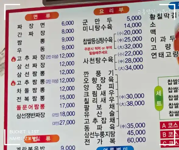 고흥동강가야성 메뉴판, 다양한 짜장면과 짬뽕, 탕수육 코스요리 구성