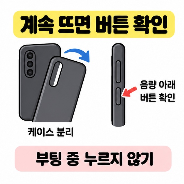 스마트폰 케이스를 분리하고 음량 아래 버튼을 확인하며 부팅 중 누르지 않도록 안내한 그림