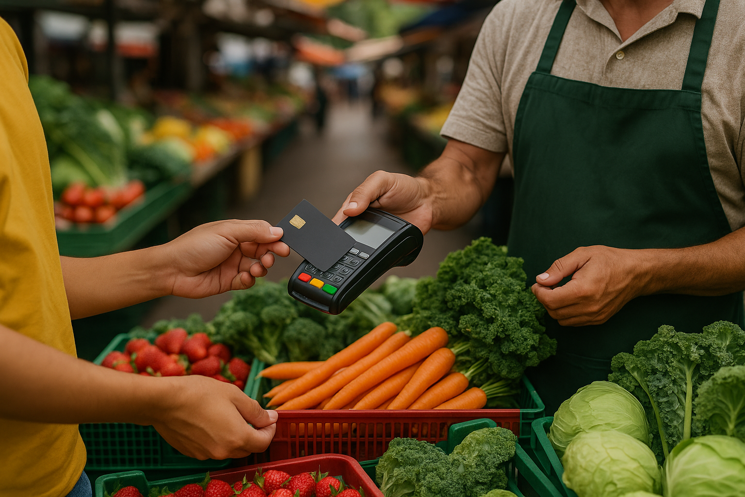 전통시장 과일·채소 가게에서 손님이 신용카드로 결제하는 장면