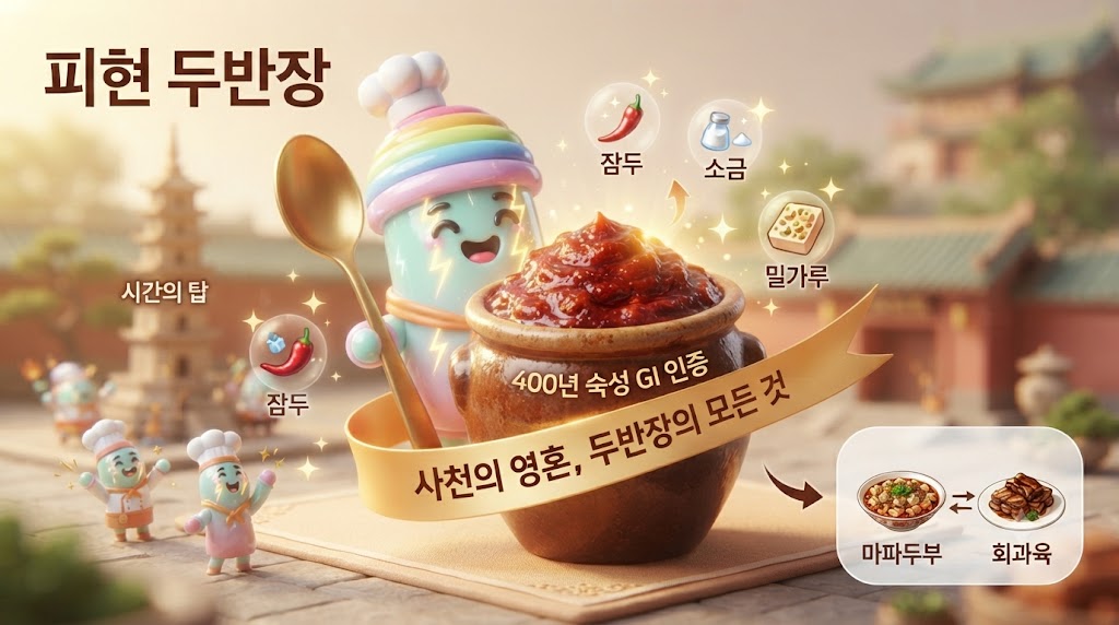 사천 요리의 심장, 두반장의 400년 숙성 비밀을 3D 쫀쿠와 함께 파헤쳐 봅니다. 우연히 탄생한 굴소스와 달리, 매일 천 번씩 뒤집는 인내의 시간으로 완성되는 '피현 두반장'의 GI 인증 가치와 진짜vs가짜 구별법, 그리고 마파두부의 핵심인 마라(麻辣) 철학까지, 소스 하나에 담긴 깊고 진한 인류의 미식 역사를 확인하세요.