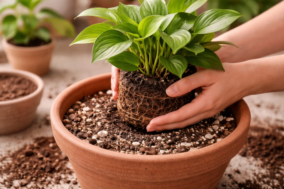 배수재가 섞인 흙으로 화분에 식물을 분갈이하는 모습