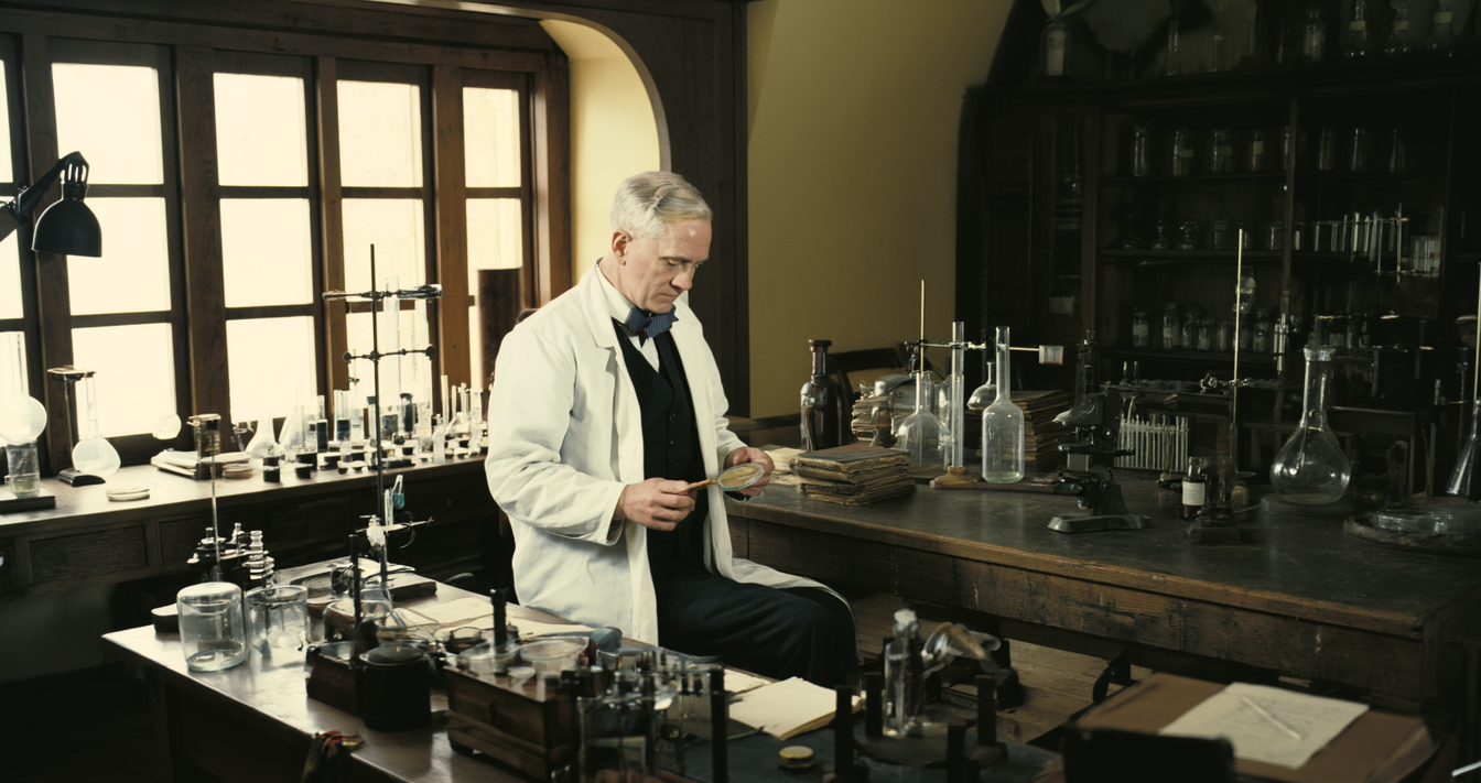 알렉산더 플레밍이 푸른 곰팡이가 자란 배양 접시를 진지하게 들여다보고 있는 사진