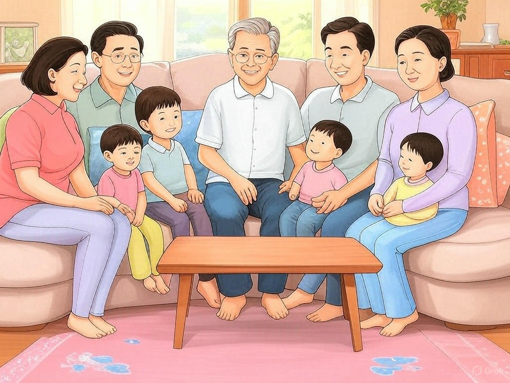 한국의 화목한 거실에 앉아있는 가족들