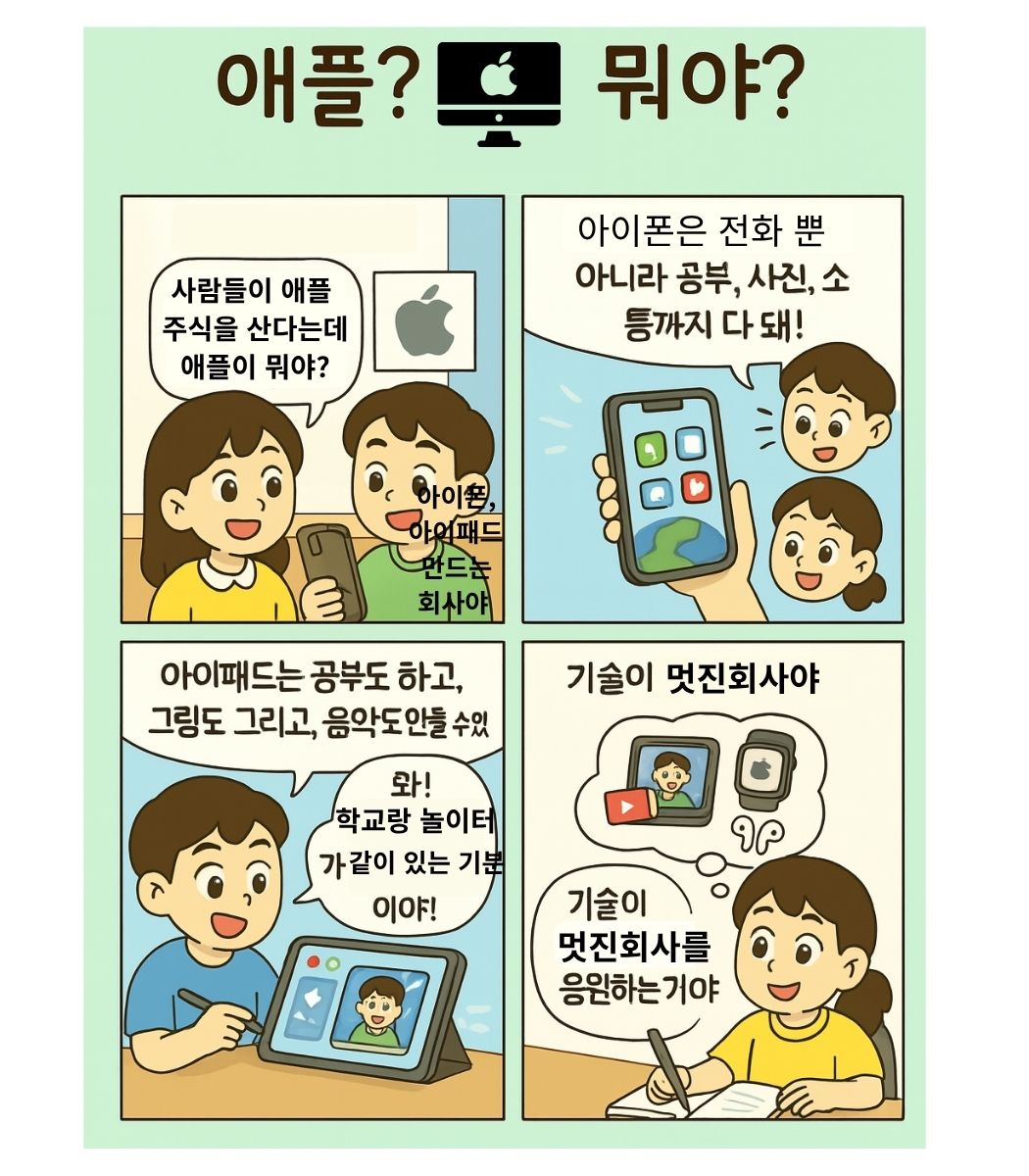 친구에게 애플이 무엇인지 묻고 아이폰과 아이패드를 통해 기술의 가치를 배우며, 좋은 회사를 응원하는 것이 주식의 의미임을 이해하는 4컷 경제 교육 만화