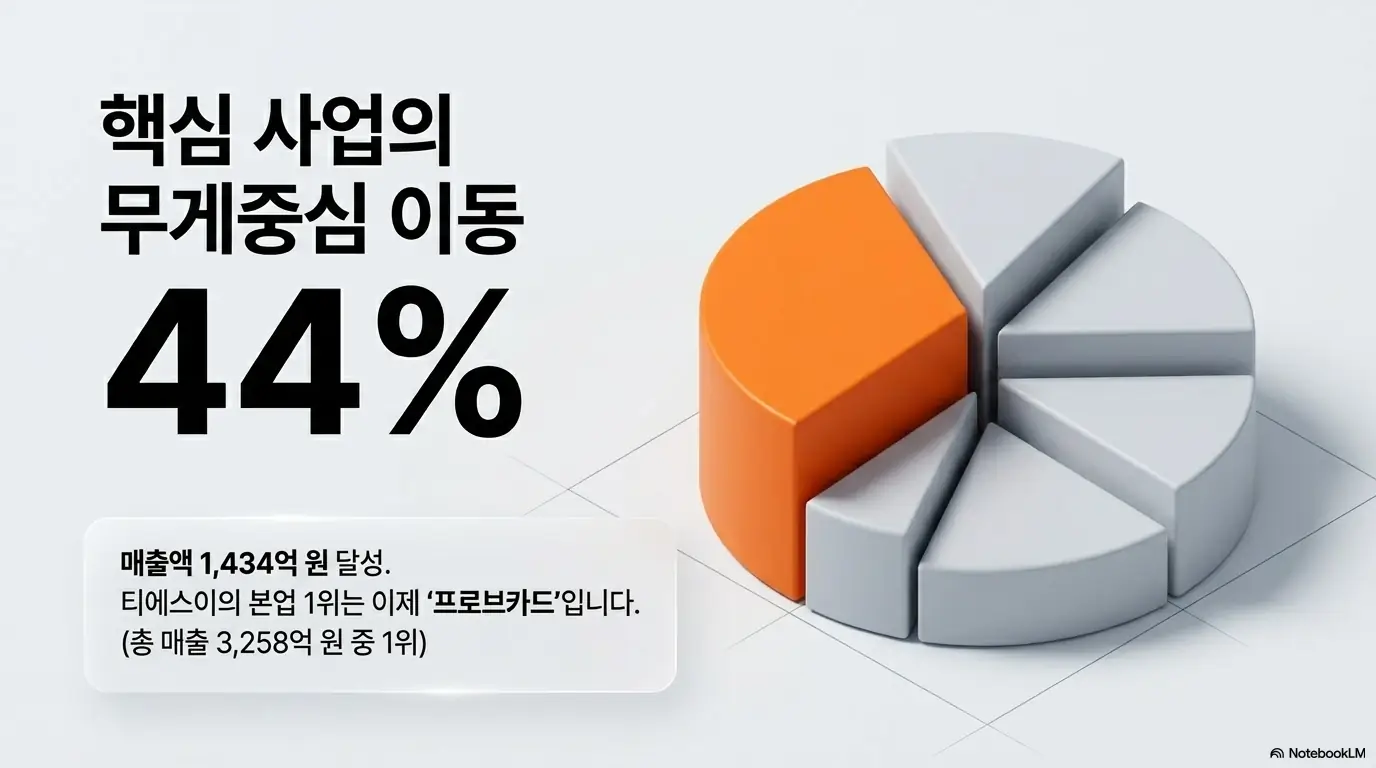 티에스이 주가전망: 티에스이의 핵심 사업 무게중심이 프로브카드로 이동해 매출 1&amp;#44;434억 원으로 본업 1위가 되었음을 원형 차트로 나타낸 이미지. 프로브카드가 전체 매출에서 차지하는 비중과 사업 구조 변화를 시각화하며&amp;#44; 티에스이 주가 전망의 사업 구조 분석 내용을 설명함