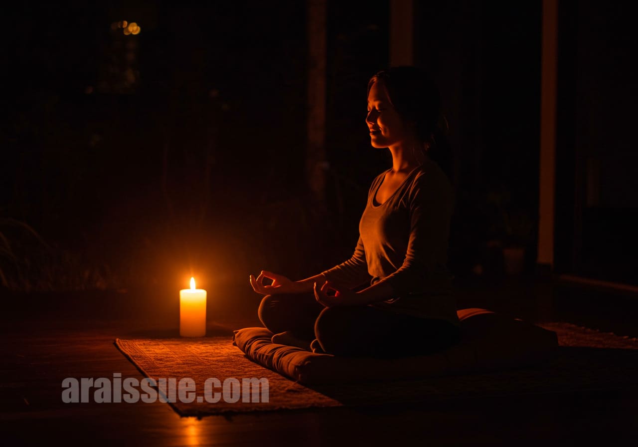 촛불 앞에서 명상하는 여성의 고요한 밤 장면