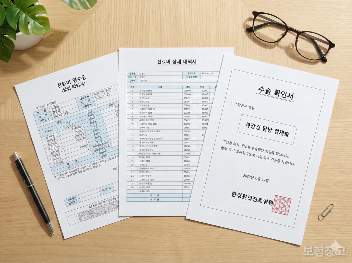 보험 청구를 위한 필수 서류인 진료비 영수증, 세부내역서, 수술확인서가 정갈하게 놓인 모습