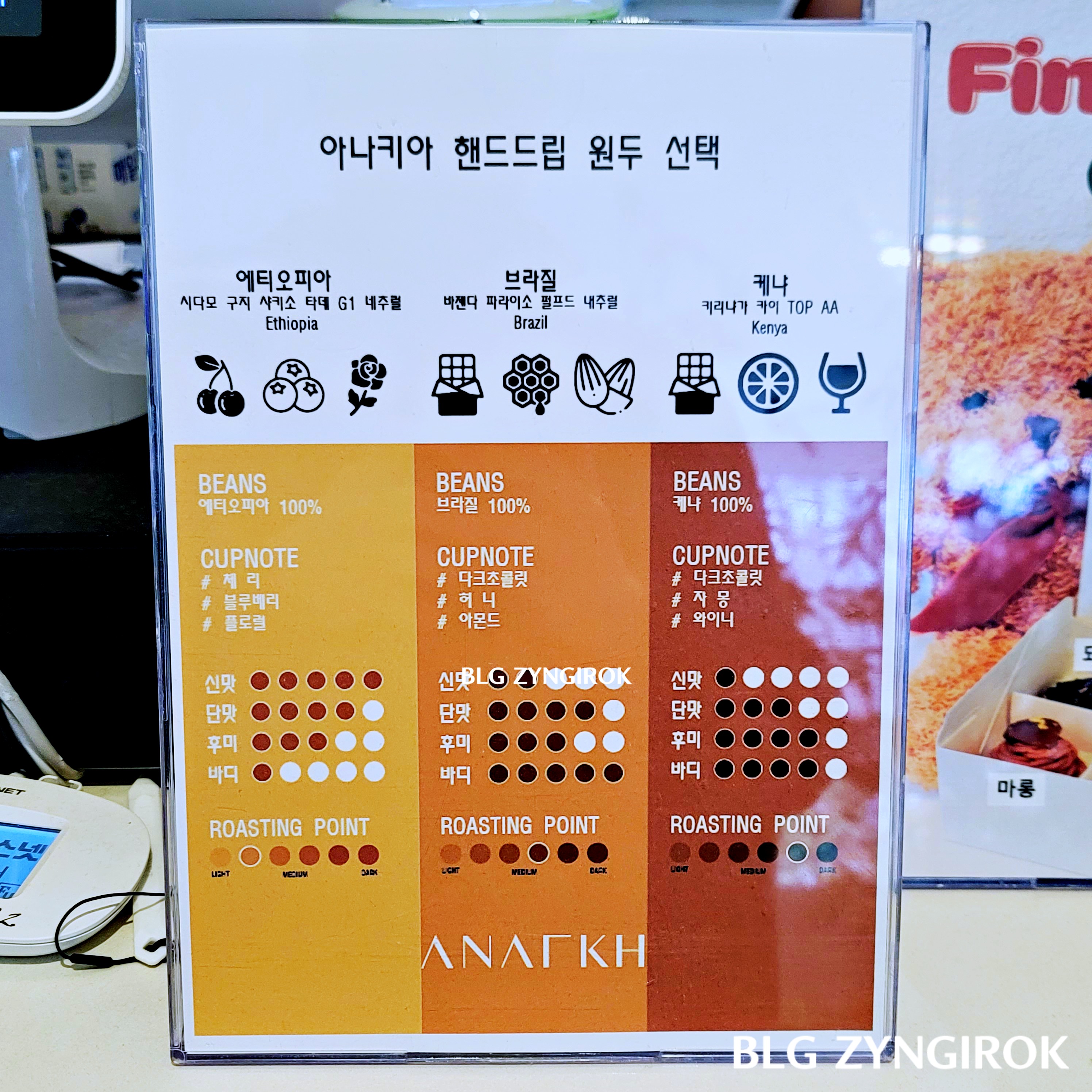 아나키아 원두 선택표 모습이다.