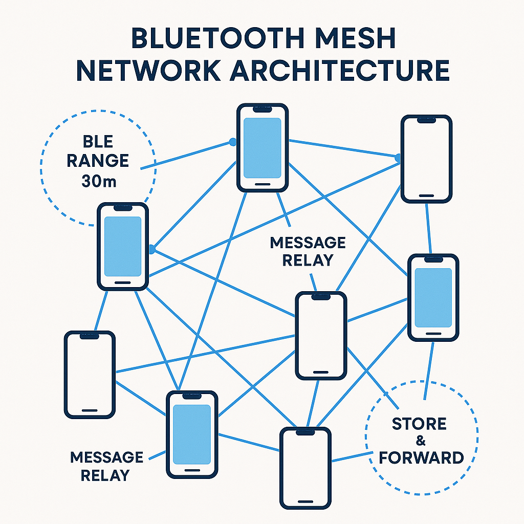 비트챗 블루투스 메쉬 네트워크 아키텍처 다이어그램 - BLE 기반 P2P 메시징 구조
