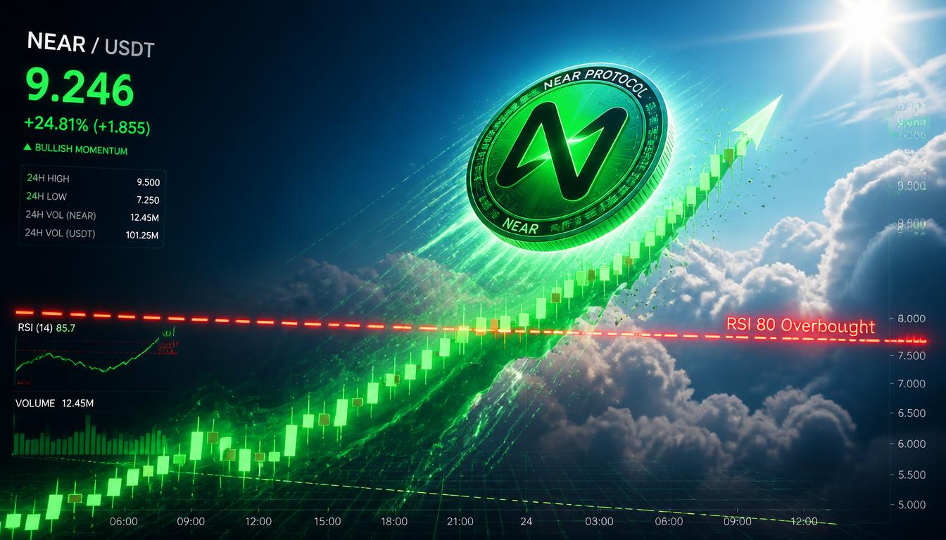 NEAR Protocol coin rising inside a green candlestick chart line breaking past an RSI 80 overbought threshold.