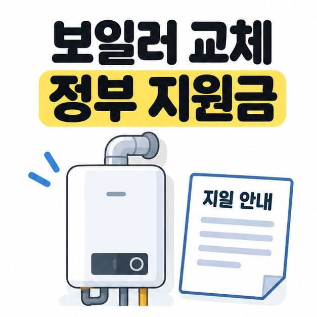 보일러 교체 정부 지원금이라는 제목 아래 흰색 보일러와 지원 안내 종이를 배치한 이미지