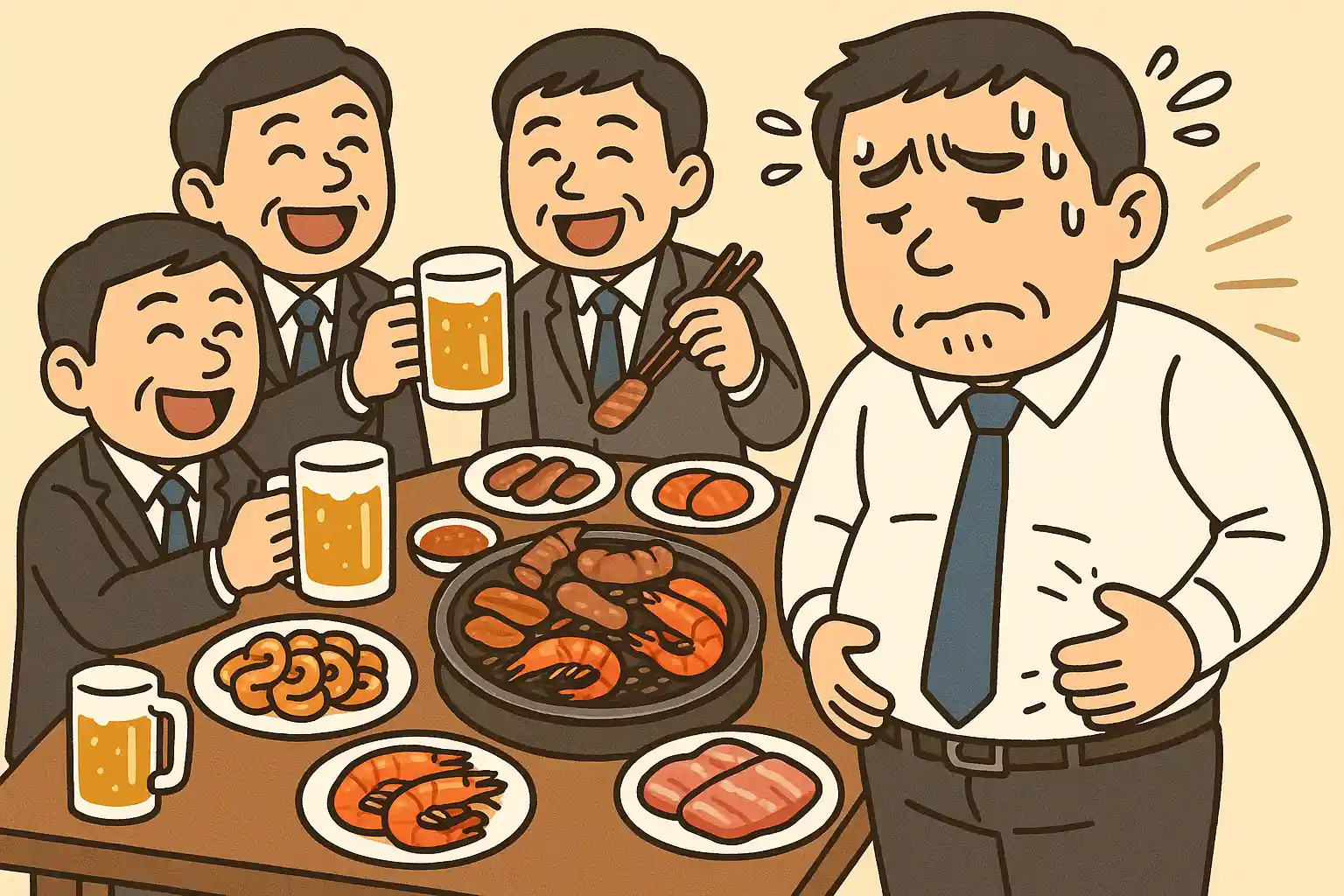 회식 자리에서 고기와 맥주를 즐기는 40대 남성들, 테이블 위 퓨린 많은 음식(곱창, 고기, 새우 등), 배가 나온 직장인