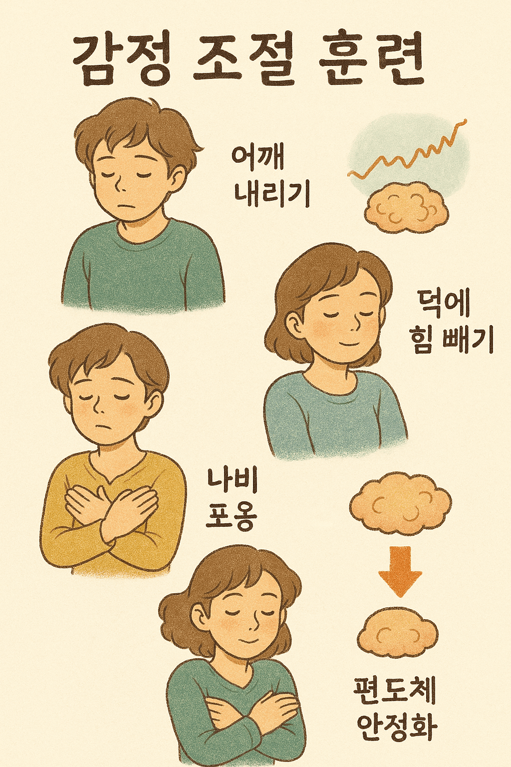 감정 조절 훈련을 시각화한 인포그래픽
여러 단계별 훈련 방법을 그림으로 표현합니다. 예를 들어:
"어깨 내리기" → 어깨를 툭 떨어뜨리는 캐릭터.
"턱에 힘 빼기" → 턱을 느슨하게 하는 모습.
"나비포옹" → 양손을 교차해 가슴 위에 올려놓고 다독이는 캐릭터.
각 행동에 따라 편도체가 점점 안정화되는 과정을 간단한 그래픽으로 보여줍니다. 이를 통해 독자가 쉽게 따라 할 수 있도록 안내합니다.