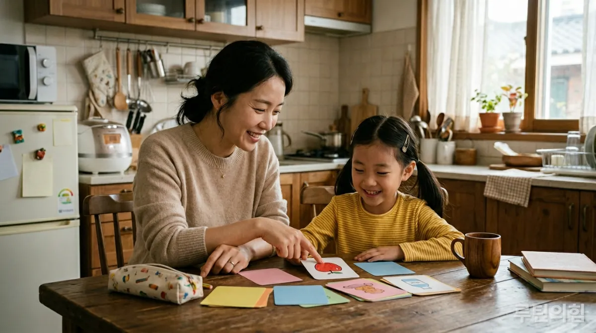 사교육 없이 가정에서 엄마와 함께 영어 플래시카드를 학습하는 한국 초등학생