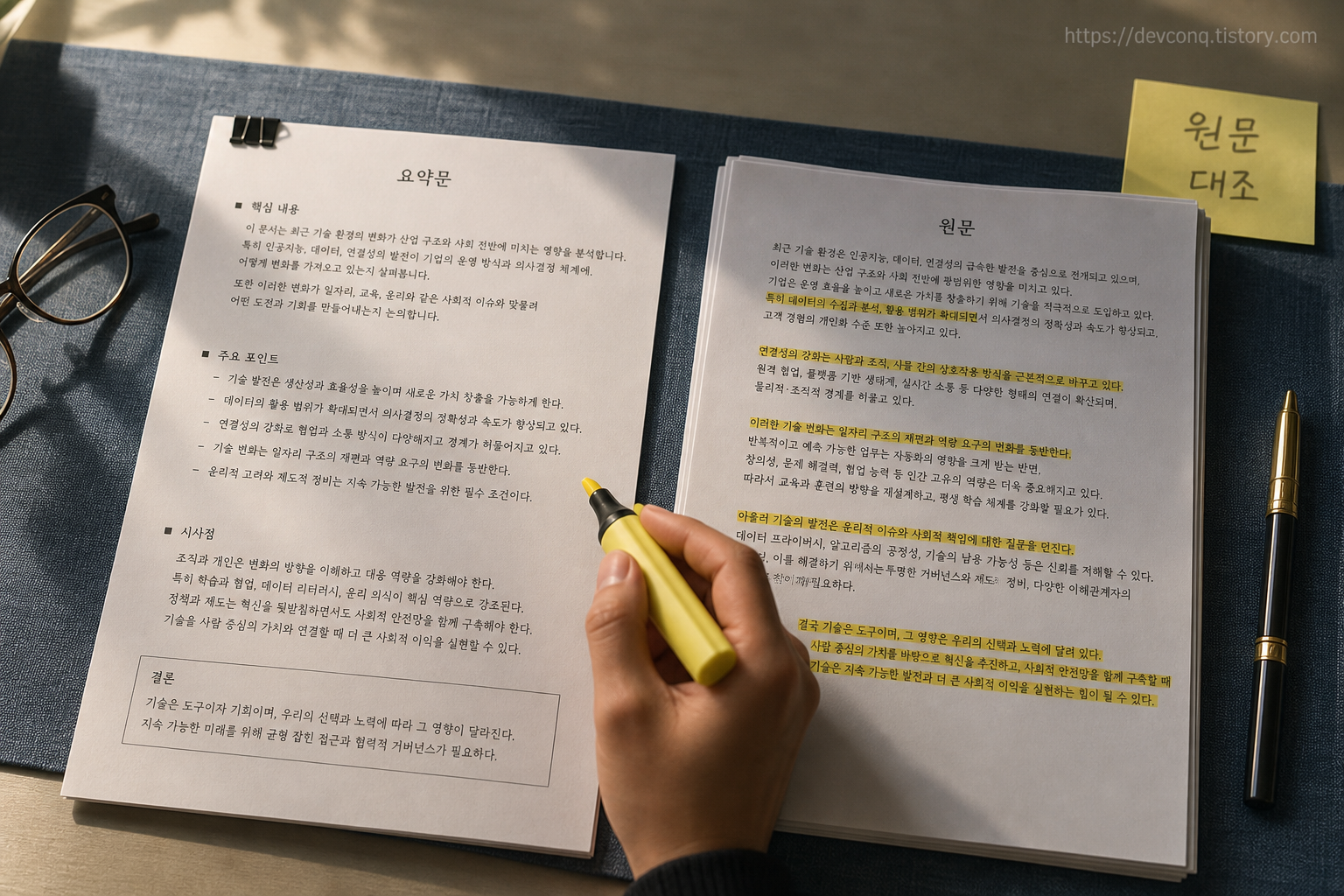 인쇄된 보고서 한 장과 형광펜으로 표시된 원본 PDF 출력물을 나란히 놓고 대조하는 손