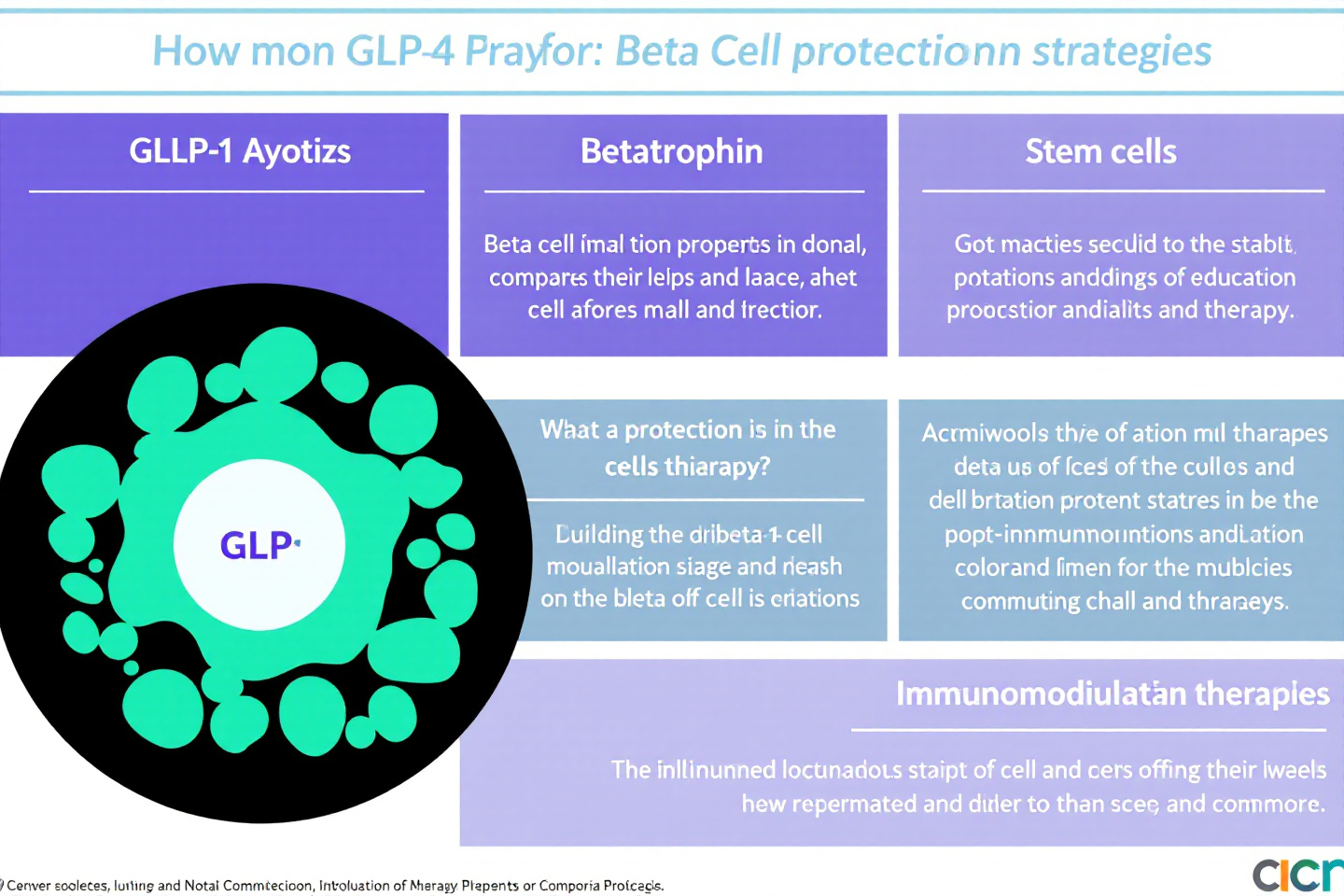 GLP-1 작용제, 베타토로핀, 줄기세포, 면역조절 치료의 베타세포 보호 전략 비교 인포그래픽"