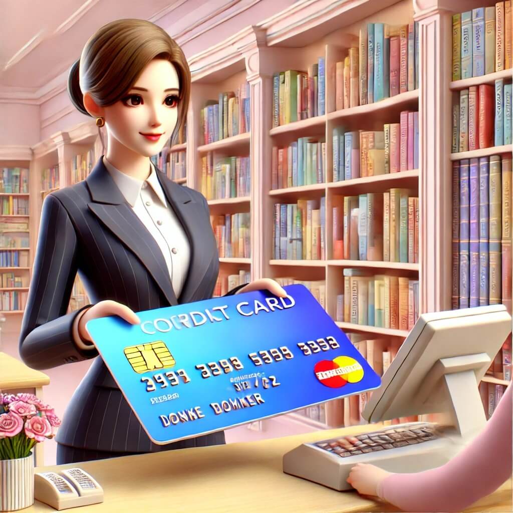 서점에서 신용카드로 결제하고 있는 회사원