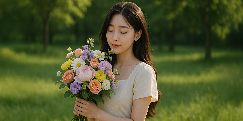 꿈에서 꽃향기를 맡는 여성