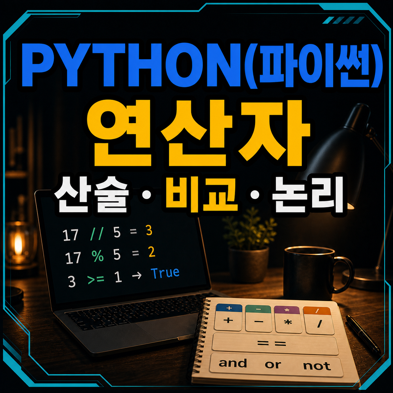 파이썬 산술 비교 논리 연산자와 우선순위를 표현한 코딩 책상 썸네일