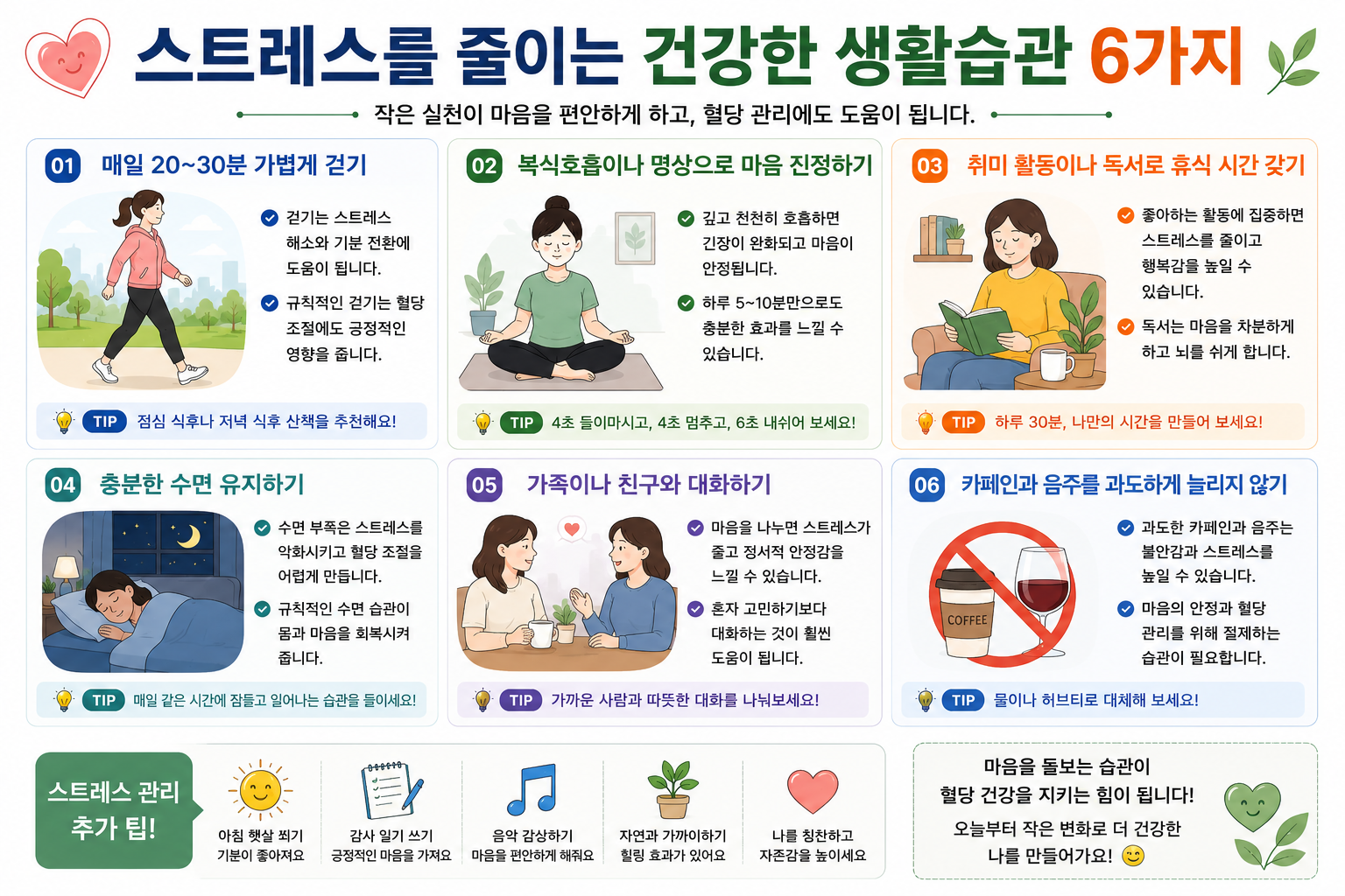 걷기 휴식 수면 대화 등 긴장 완화를 시도하는 생활 예시