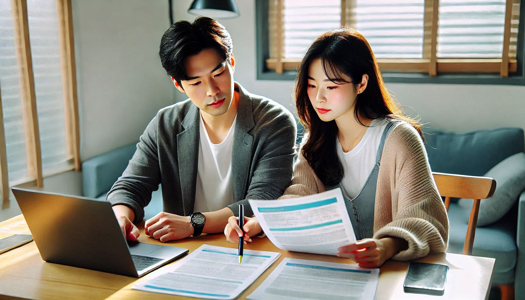 책상에 앉아 노트북으로 등기부 등본을 꼼꼼히 확인하는 30대 부부. 중요한 부분을 형광펜으로 표시하며 신중하게 검토하는 모습