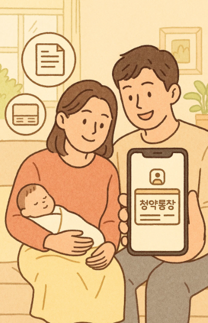 아기 옆에서 스마트폰으로 청약통장을 개설하는 부모의 모습