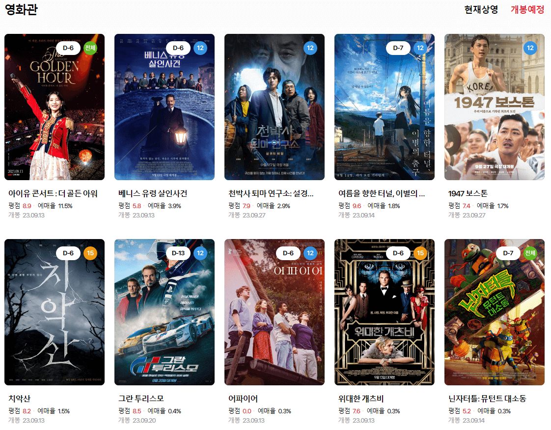 영화 개봉예정작 순위 2023년 9월 첫째주