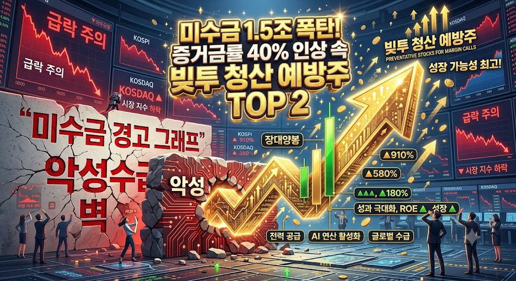 붉은색의 미수금 반대매매 경고 그래프와 대형 증권사 전광판 배경 위로, "미수금 1.5조 폭탄! 증거금률 40% 인상 속 살아남을 빚투 청산 예방주 TOP 2"라는 골드 타이틀 자막과 함께, 악성 수급의 벽을 뚫고 강력하게 우상향하는 장대양봉 주가 화살표가 결합된 3D 입체 그래픽 이미지.