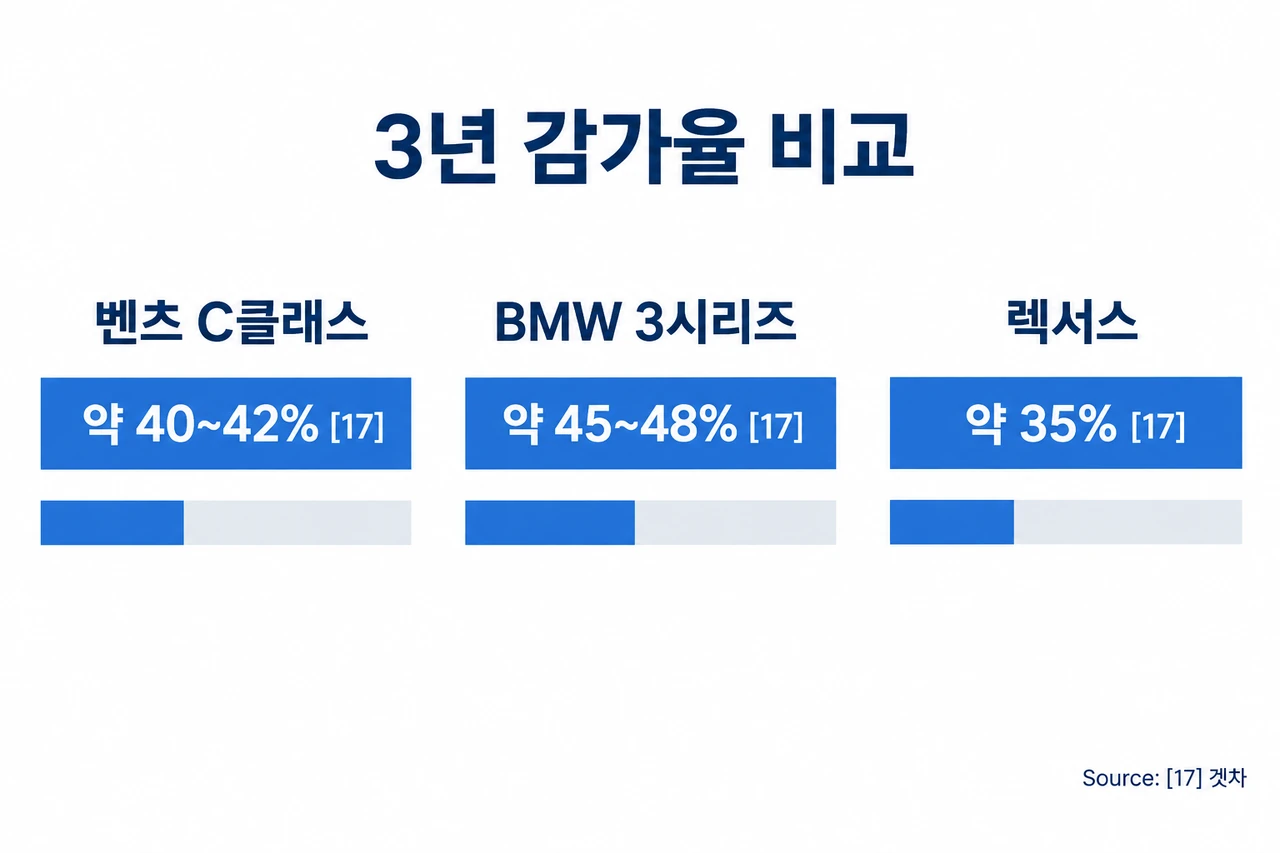 2026 첫 외제차 추천 브랜드 감가 비교, 3년 기준 벤츠 C클래스 약 40~42%, BMW 3시리즈 약 45~48%.
